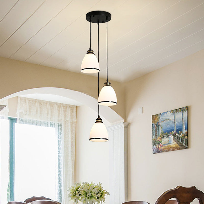 Minimalist Bell Cluster Pendant 3 Lights Ivory Glass Hanging Lamp with Round/Linear Canopy in Black