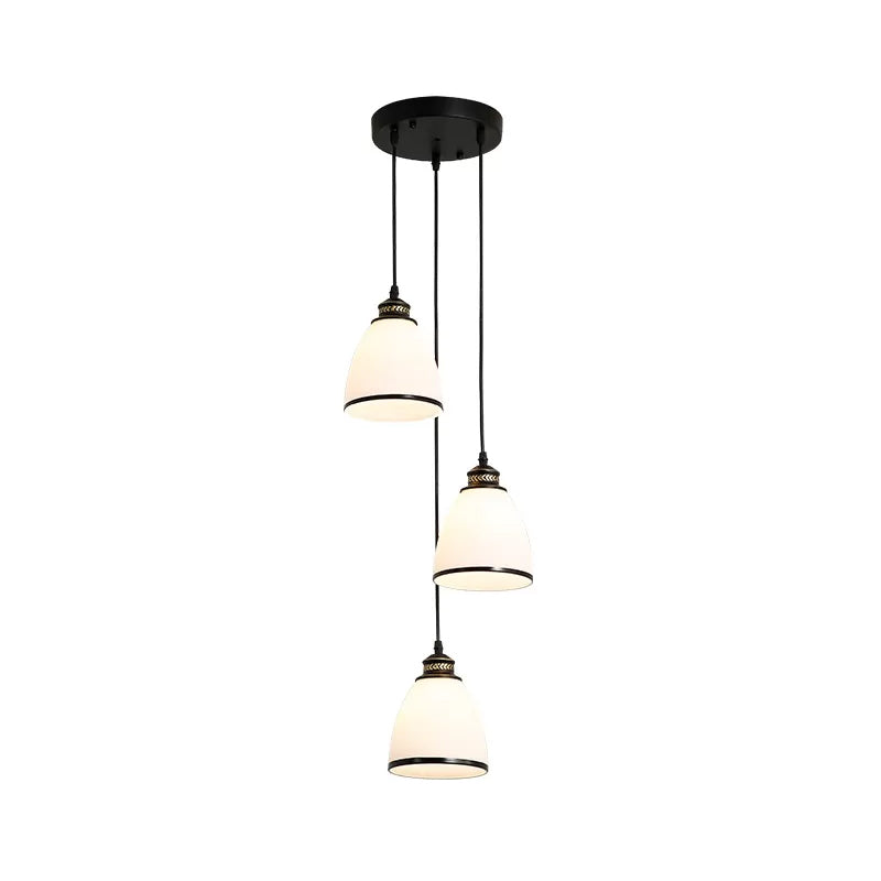 Minimalist Bell Cluster Pendant 3 Lights Ivory Glass Hanging Lamp with Round/Linear Canopy in Black