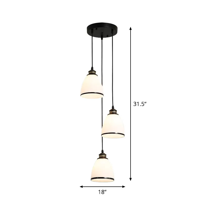 Minimalist Bell Cluster Pendant 3 Lights Ivory Glass Hanging Lamp with Round/Linear Canopy in Black