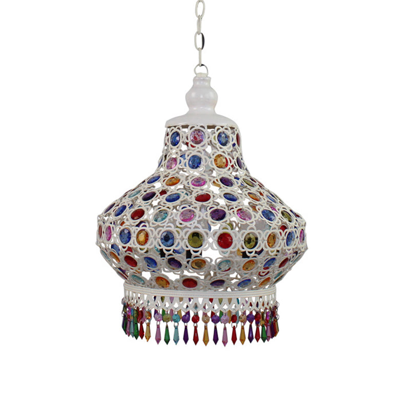 1-Bulb Beaded Pear Shaped Pendant Lamp Arabic Style White Metal Hanging Light Fixture with Fringe Trim, 7"/18"/23.5" Wide