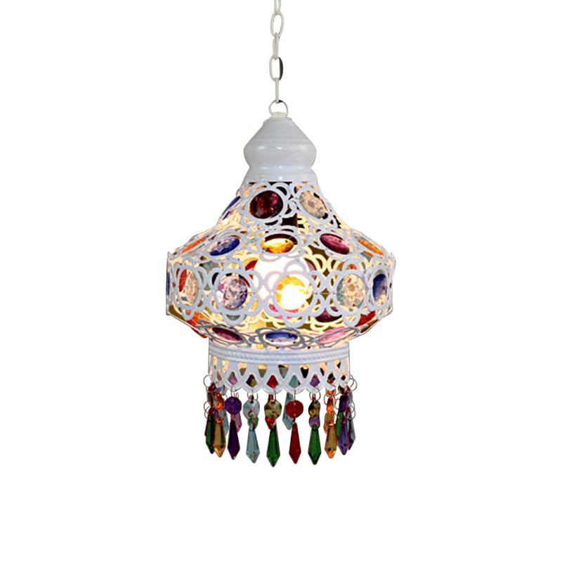 1-Bulb Beaded Pear Shaped Pendant Lamp Arabic Style White Metal Hanging Light Fixture with Fringe Trim, 7"/18"/23.5" Wide