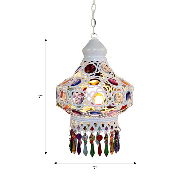 1-Bulb Beaded Pear Shaped Pendant Lamp Arabic Style White Metal Hanging Light Fixture with Fringe Trim, 7"/18"/23.5" Wide