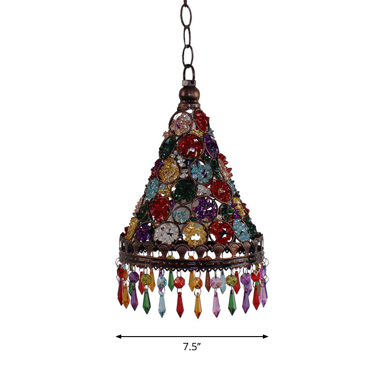 1 Head Ceiling Pendant Bohemian Bedroom Hanging Lamp with Cone/Gyro Stained Glass Shade in Copper