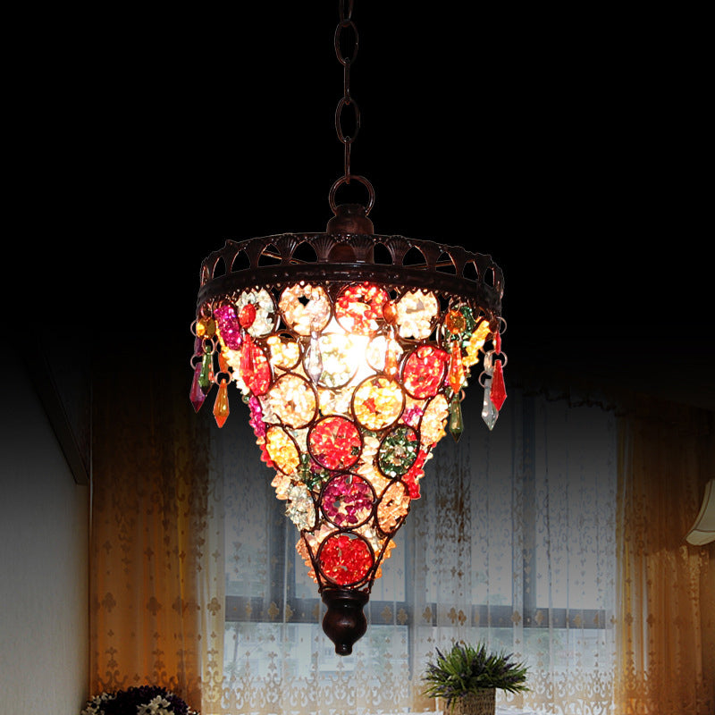 1 hoofd plafond hanger Boheemse slaapkamer hangende lamp met kegel/gyro gebrandschilderd glazen schaduw in koper