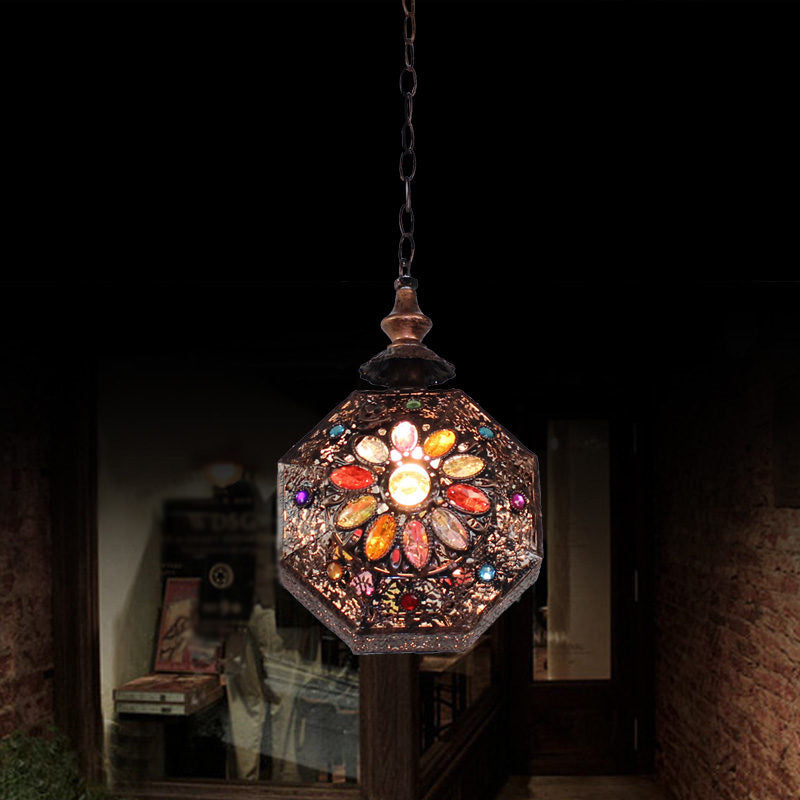 Weathered Copper Octagonal Pendant Lamp Bohemian Stained Glass 1 Bulb Dining Room Ceiling Hanging Lantern