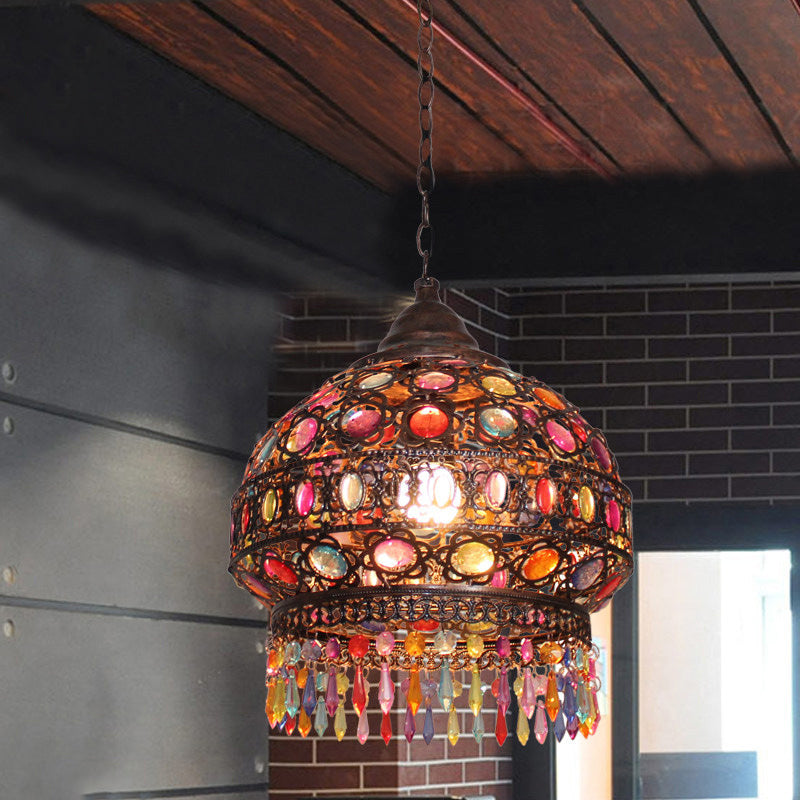 Bohemian Dome/Cylinder Pendulum Light Single-Bulb Stained Glass Ceiling Suspension Lamp in Copper with Fringe