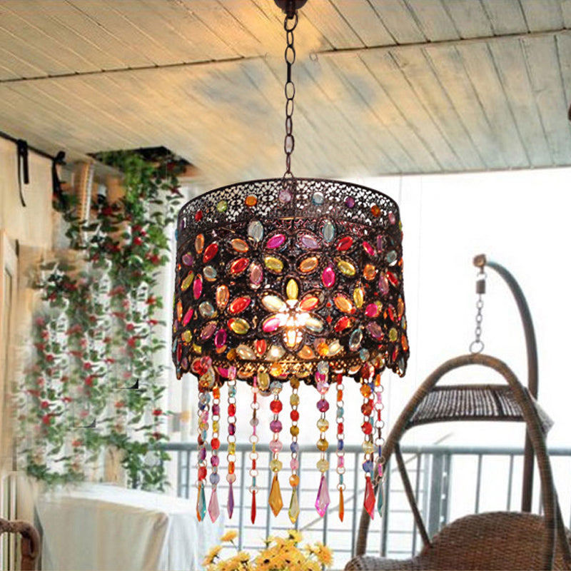 Bohemian Dome/Cylinder Pendulum Light Single-Bulb Stained Glass Ceiling Suspension Lamp in Copper with Fringe