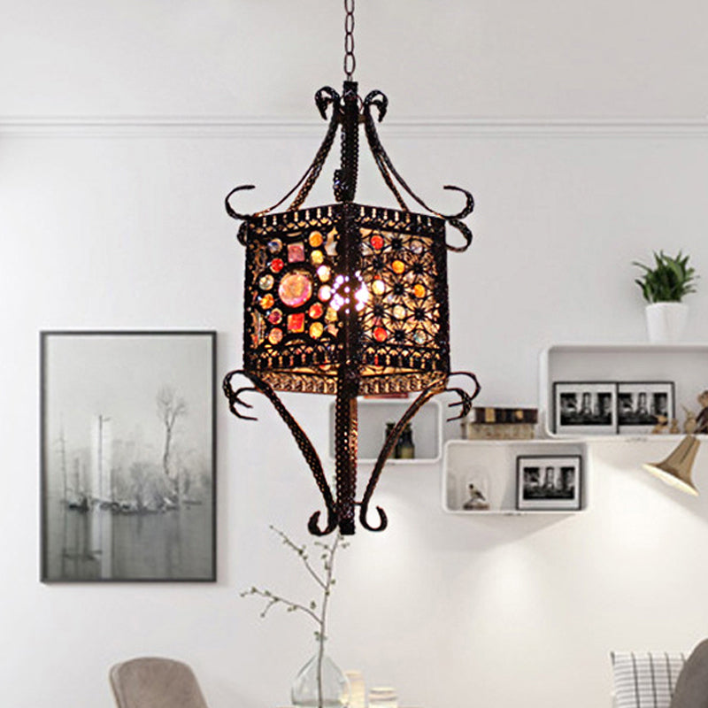 1-Head Stained Art Glass Pendant Lighting Bohemia Copper Hexagon Lantern Bedroom Ceiling Hang Light with Scroll Arm