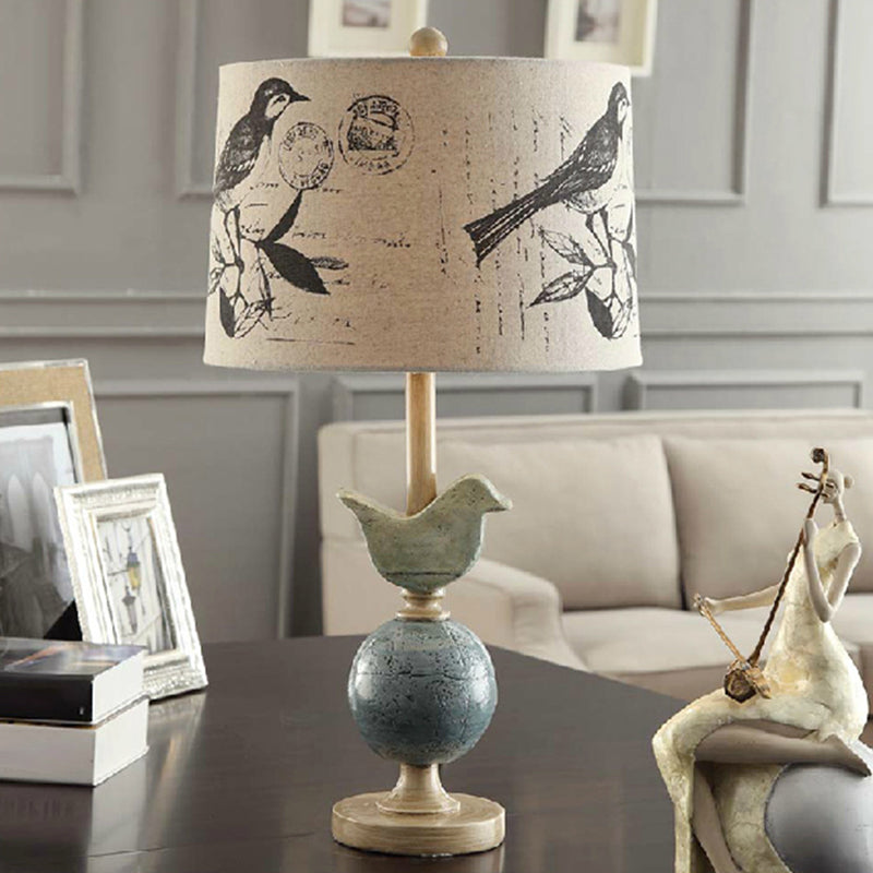 Printed Fabric Drum Table Lamp Novelty Modern Single Beige Night Light with Bird and Globe Base