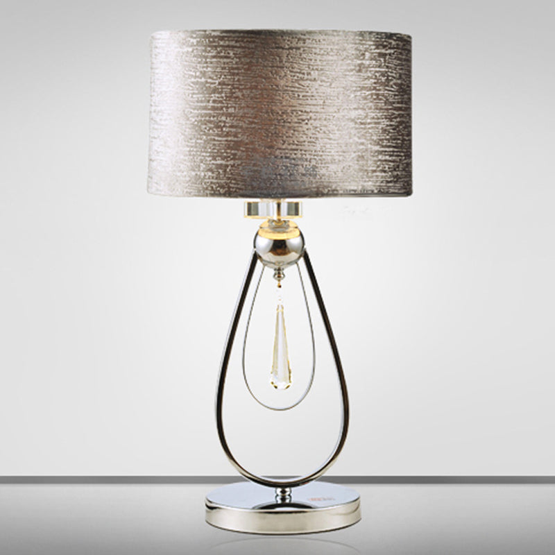 Brushed Grey Drum Table Lamp Contemporary 1-Light Fabric Night Light with Open Teardrop Stand