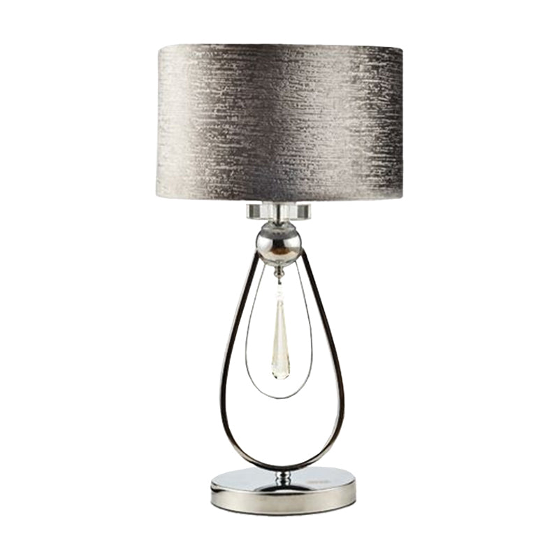 Brushed Grey Drum Table Lamp Contemporary 1-Light Fabric Night Light with Open Teardrop Stand