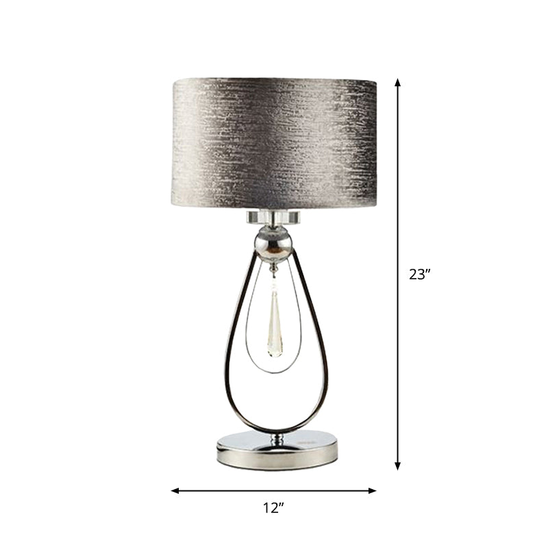 Brushed Grey Drum Table Lamp Contemporary 1-Light Fabric Night Light with Open Teardrop Stand