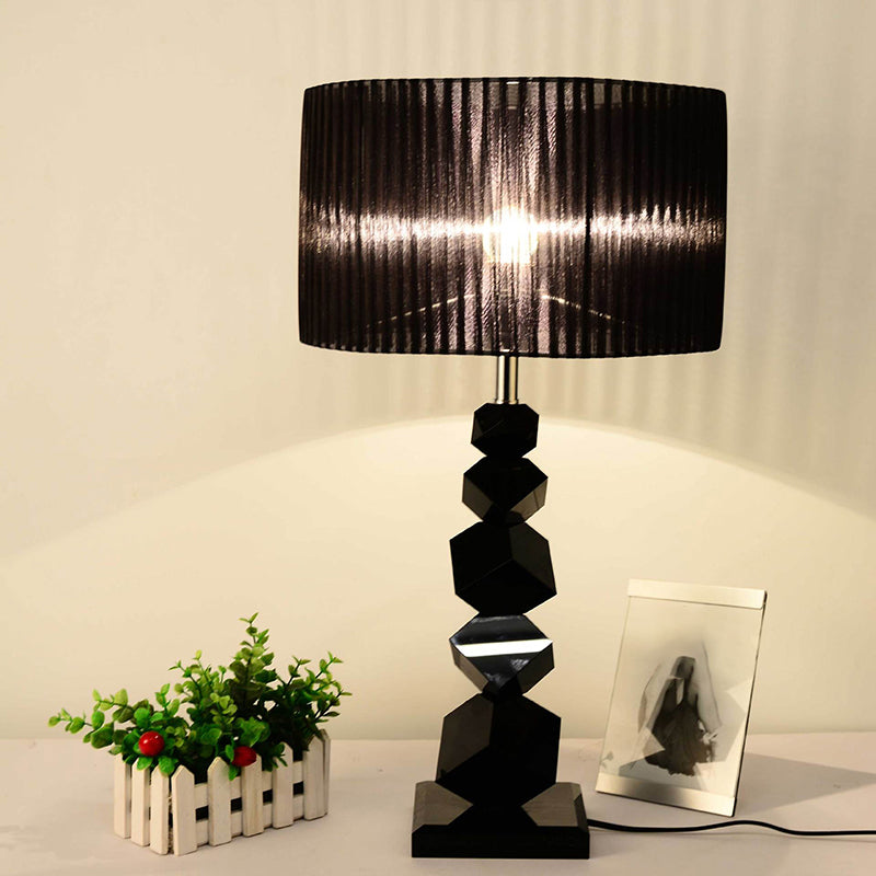 Black Drum Nightstand Lamp Modern 12"/13" W Single Pleated Fabric Table Light with Rock Pedestal