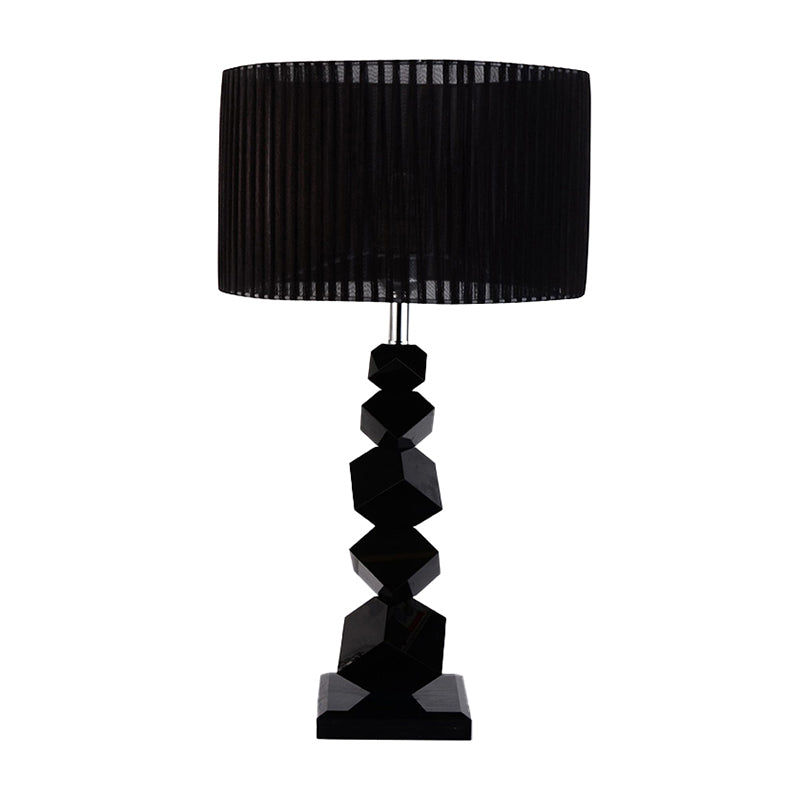 Black Drum Nightstand Lamp Modern 12"/13" W Single Pleated Fabric Table Light with Rock Pedestal