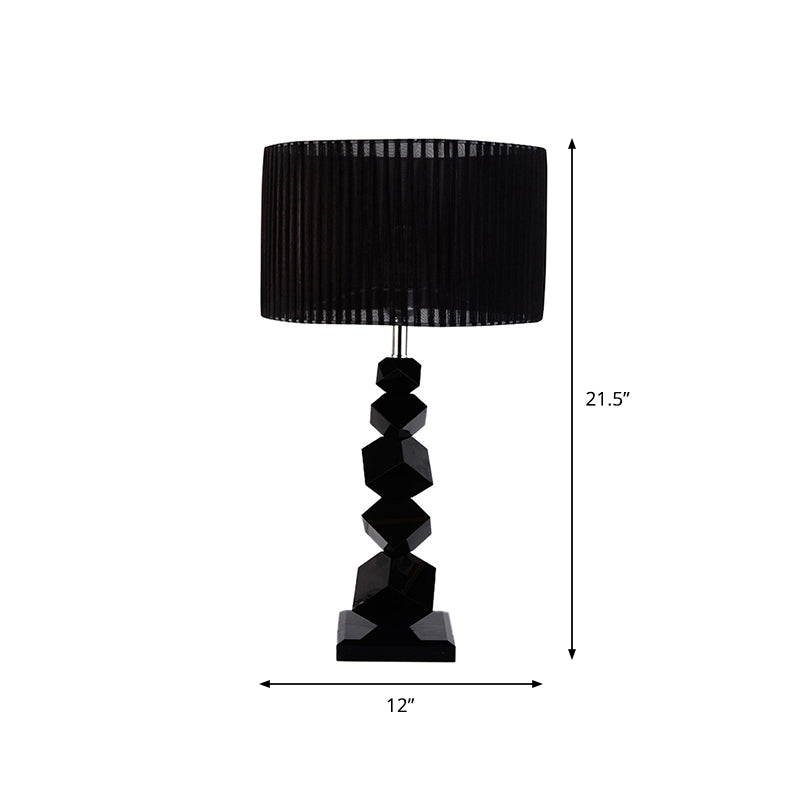 Black Drum Nightstand Lamp Modern 12"/13" W Single Pleated Fabric Table Light with Rock Pedestal