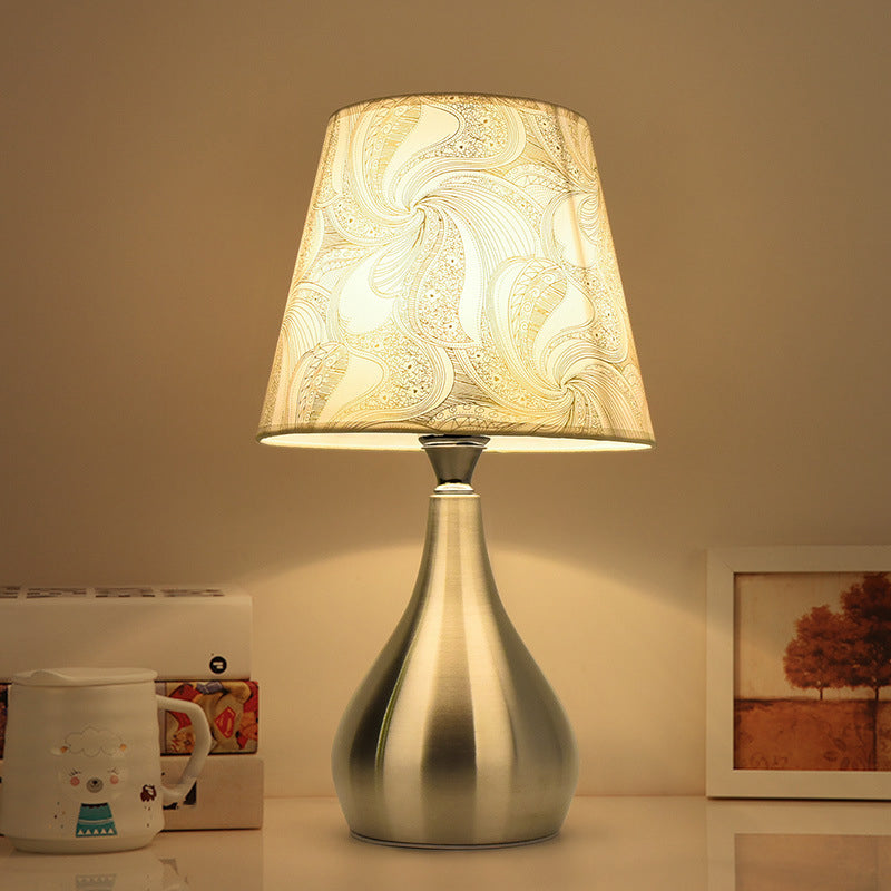 Tapered Table Light Modern Fabric Single Nickel Nightstand Lamp with Cloud/Geometric/Flower Pattern