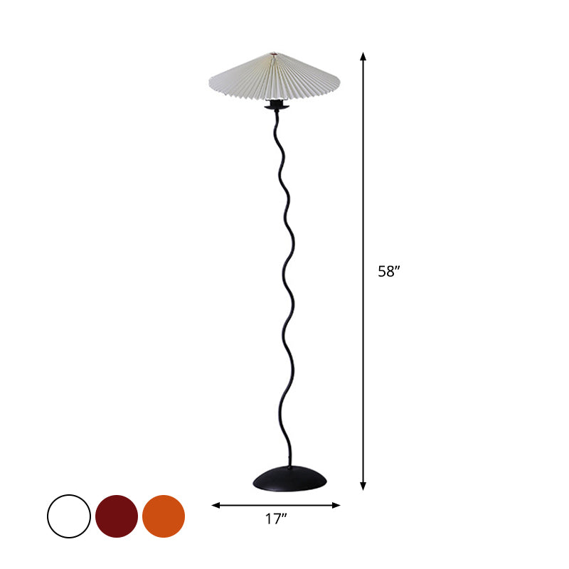 Conische geplooide stof vloerlicht rustieke 1 bol woonkamer opstaan ​​lamp in wit/koffie/bordeaux met gebogen paal