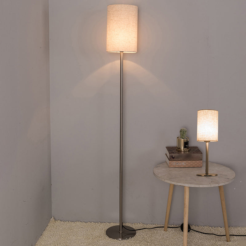 Simplicity Cylinder Floor Lamp Single-Bulb Fabric Standing Light in Chrome for Bedroom