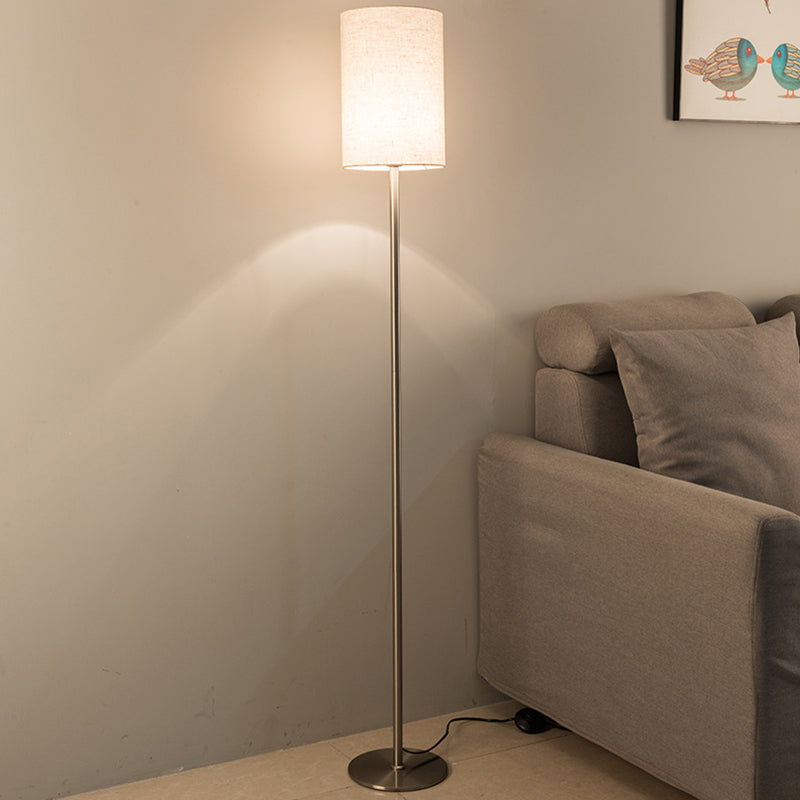 Simplicity Cylinder Floor Lamp Single-Bulb Fabric Standing Light in Chrome for Bedroom