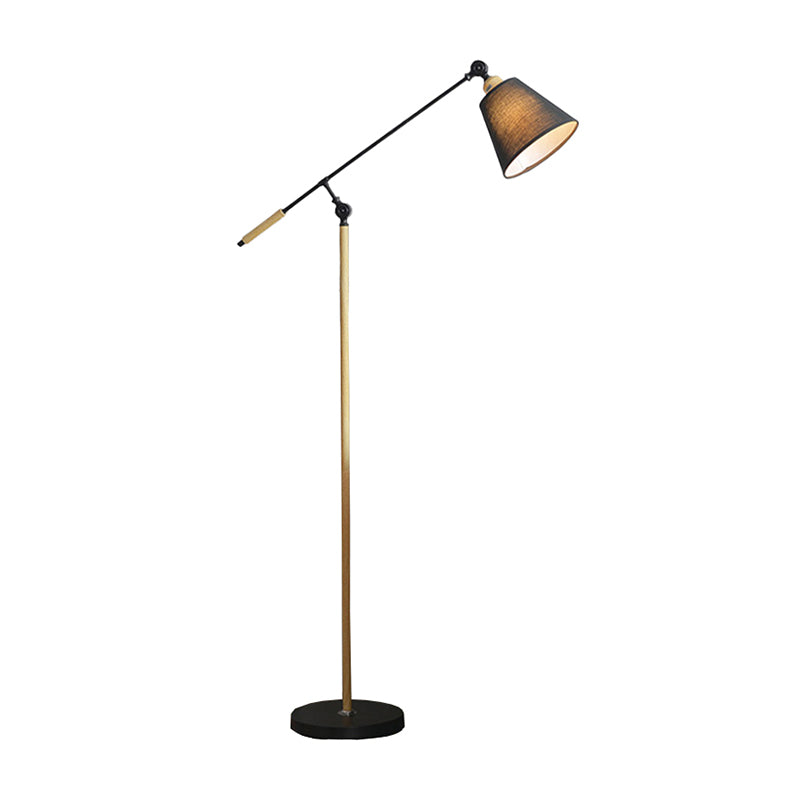 Lampada di lettura del pavimento affusolato tessuto nordico 1 lampadina nera/bianca e pavimento in legno con braccio altalena