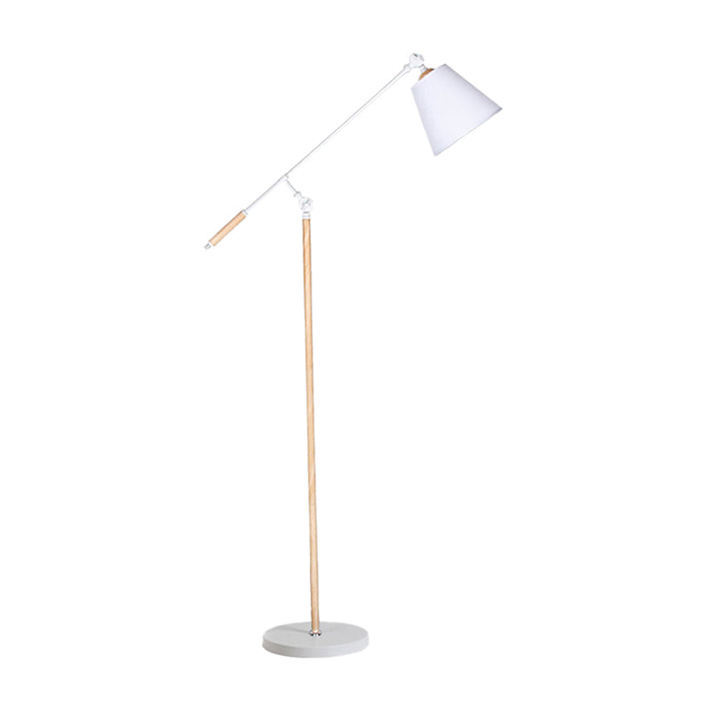 Tapered Floor Reading Lamp Nordic Fabric 1 Bulb Black/White and Wood Floor Light with Swing Arm