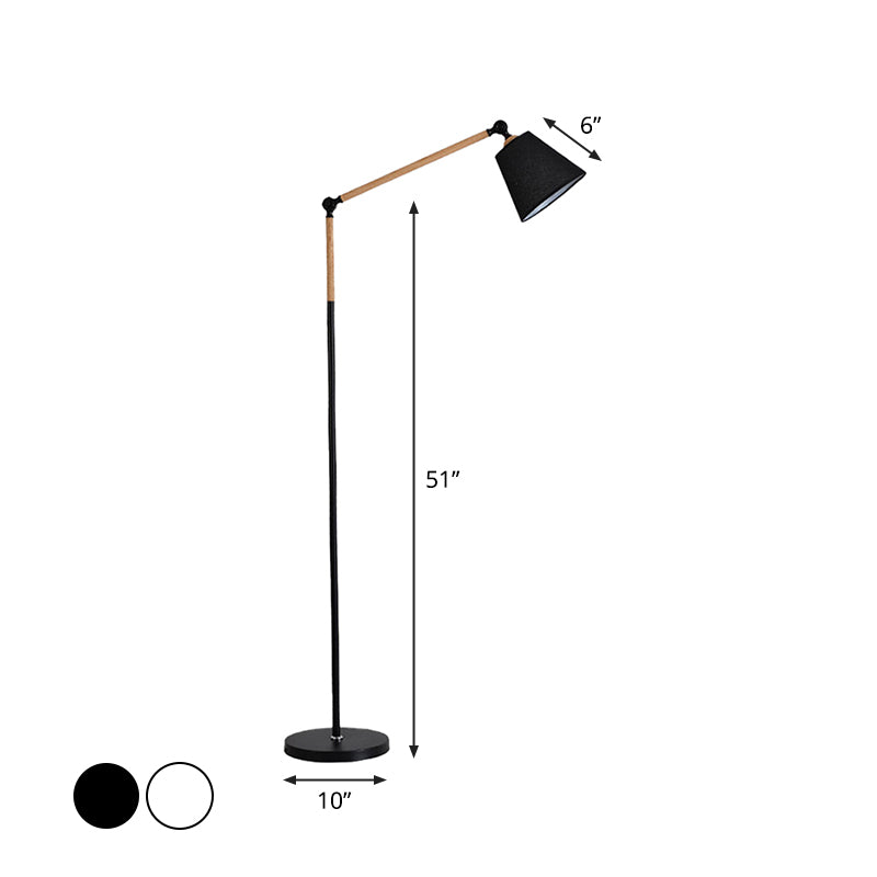 Tapered Floor Reading Lamp Nordic Fabric 1 Bulb Black/White and Wood Floor Light with Swing Arm