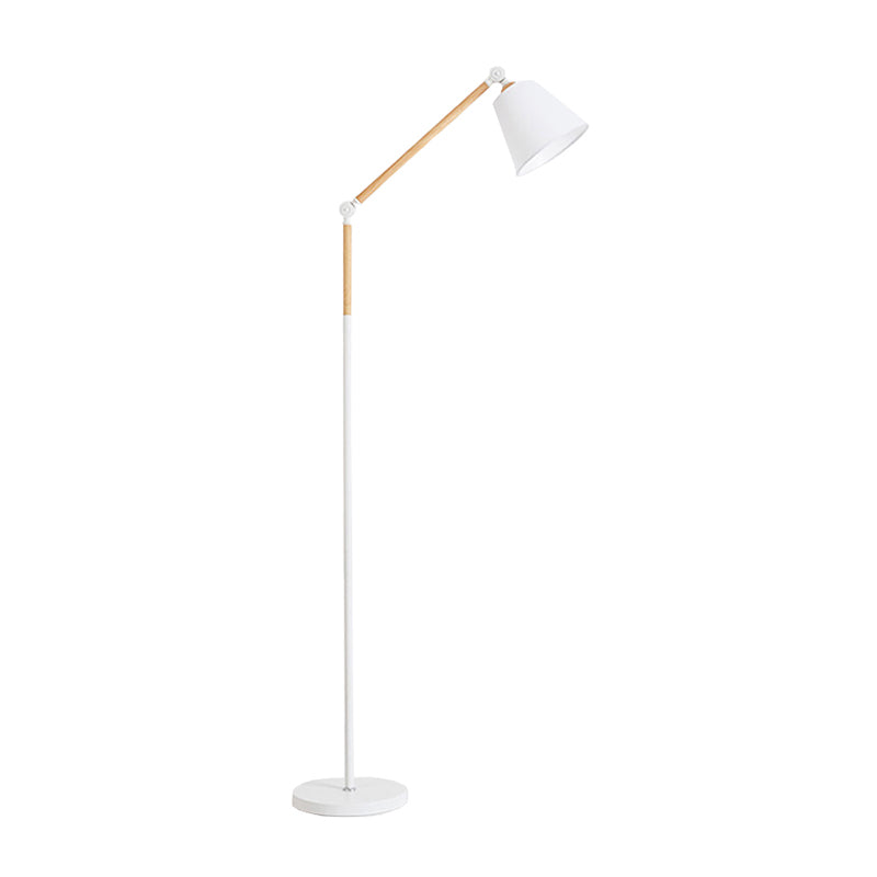 Tapered Floor Reading Lamp Nordic Fabric 1 Bulb Black/White and Wood Floor Light with Swing Arm