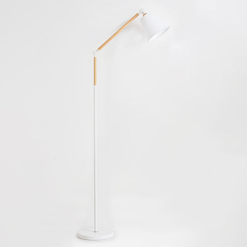 Tapered Floor Reading Lamp Nordic Fabric 1 Bulb Black/White and Wood Floor Light with Swing Arm