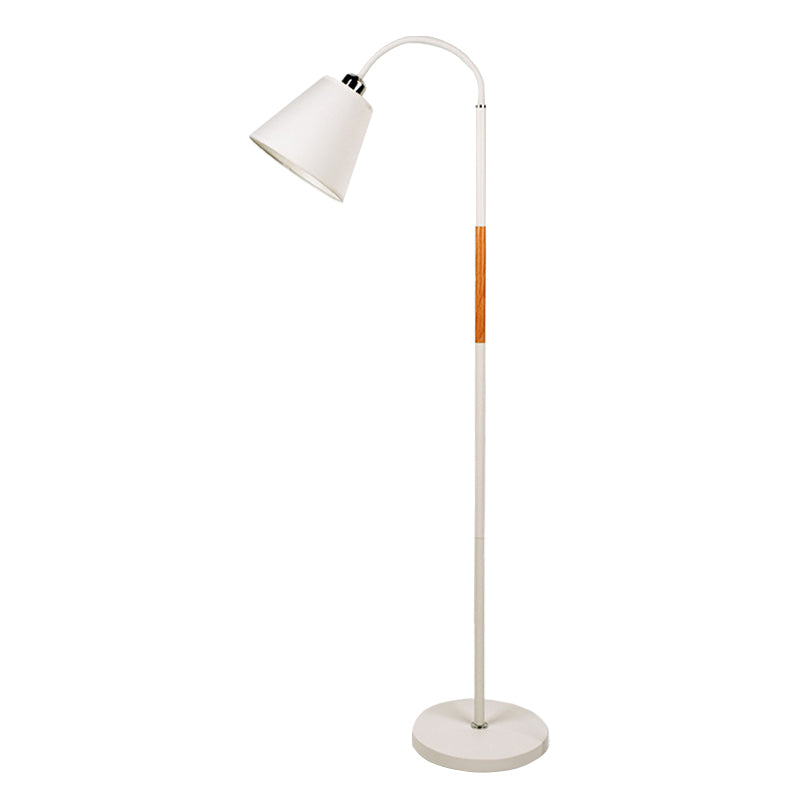 Nordic Single Floor Lamp Black/White and Wood Gooseneck Standing Light with Cone Fabric Shade