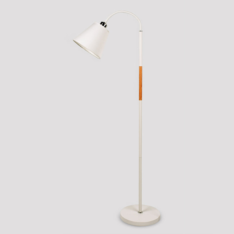 Nordic Single Floor Lamp Black/White and Wood Gooseneck Standing Light with Cone Fabric Shade