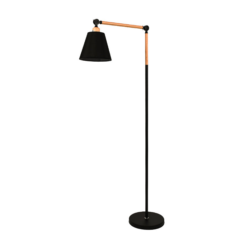 Swing Arm Living Room Floor Reading Lamp Wood 1 Head Nordic Floor Light with Cone Fabric Shade in Black/White