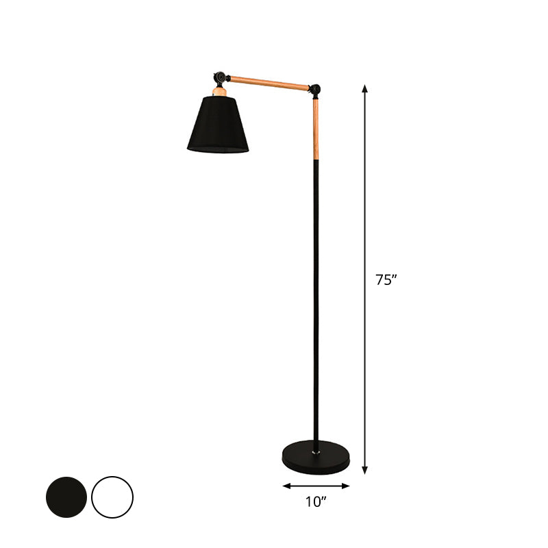 Swing Arm Living Room Floor Reading Lamp Wood 1 Head Nordic Floor Light with Cone Fabric Shade in Black/White