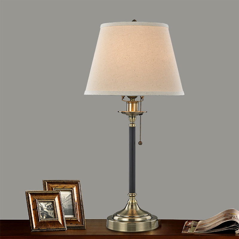 1-Bulb Dining Room Table Lamp Minimalist White Pull-Chain Night Light with Tapered Fabric Shade