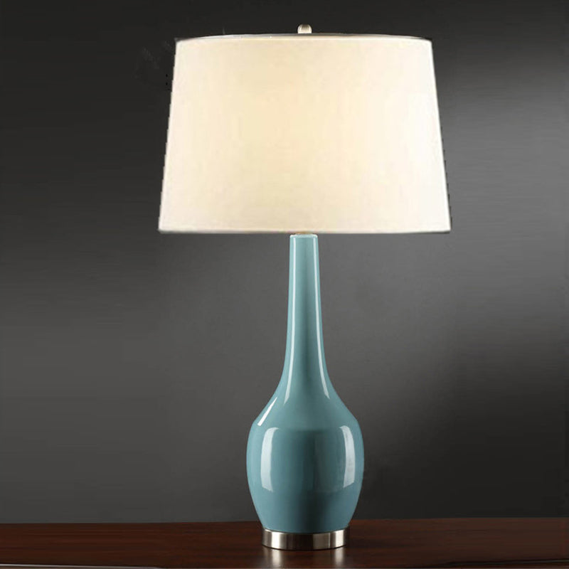 Tapered Drum Fabric Table Light Modern 1-Light Yellow/Blue/Orange Nightstand Lamp with Long Neck Vase Base