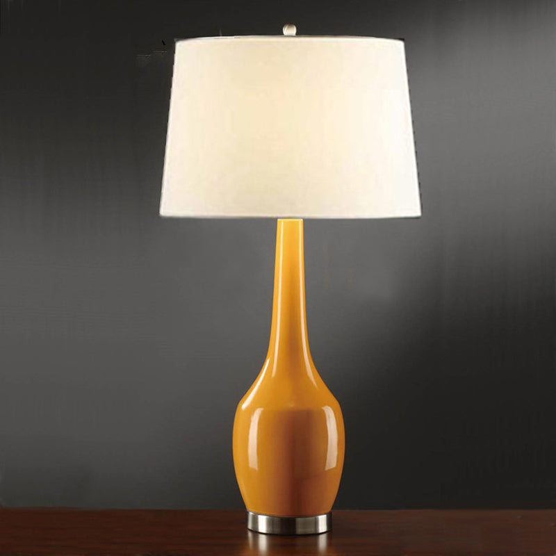 Tapered Drum Fabric Table Light Modern 1-Light Yellow/Blue/Orange Nightstand Lamp with Long Neck Vase Base