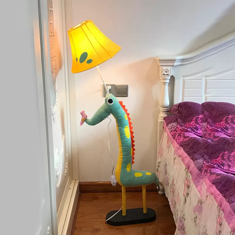 Dinosaur Bedside Floor Lamp with Tapered Shade Fabric One Light Cartoon Floor Light in Green