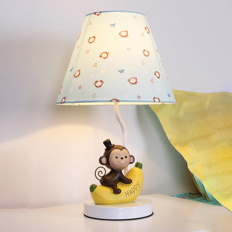 Fabric Floral Shade Table Light with Banana Monkey Kids Bedroom 1 Luz de lectura de dibujos animados en beige