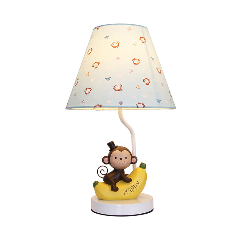 Fabric Floral Shade Table Light with Banana Monkey Kids Bedroom 1 Bulb Cartoon Reading Light in Beige