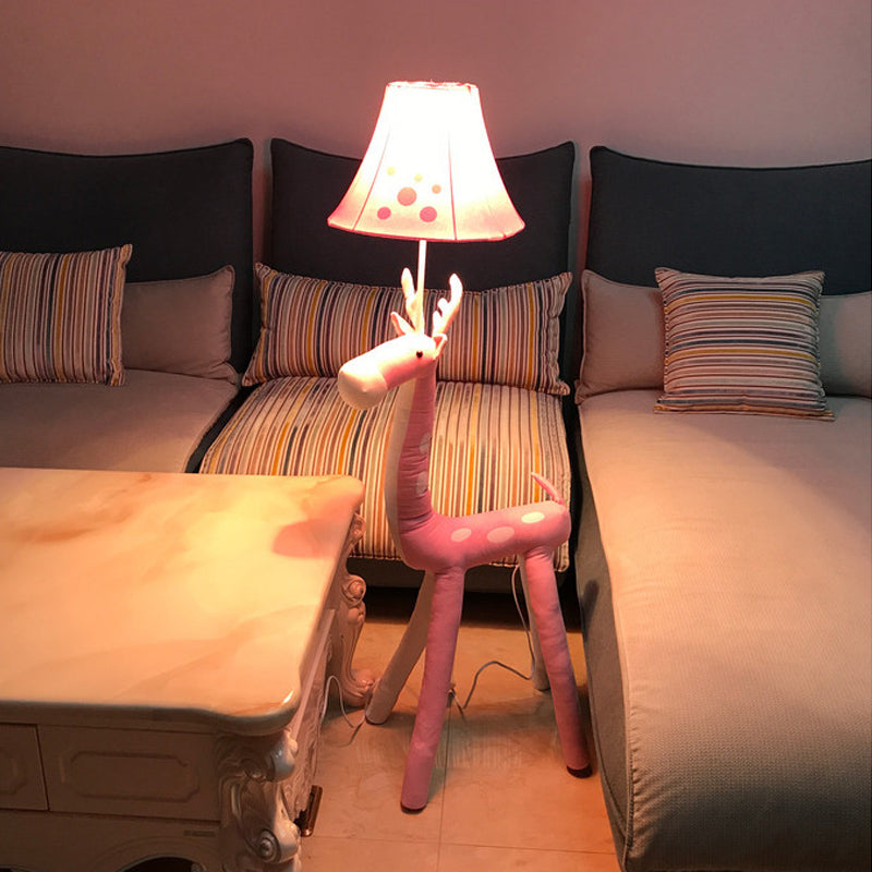 1 Bulb Sika Deer Floor Lamp with Tapered Shade Animal Fabric Floor Light in Pink for Girls Bedroom