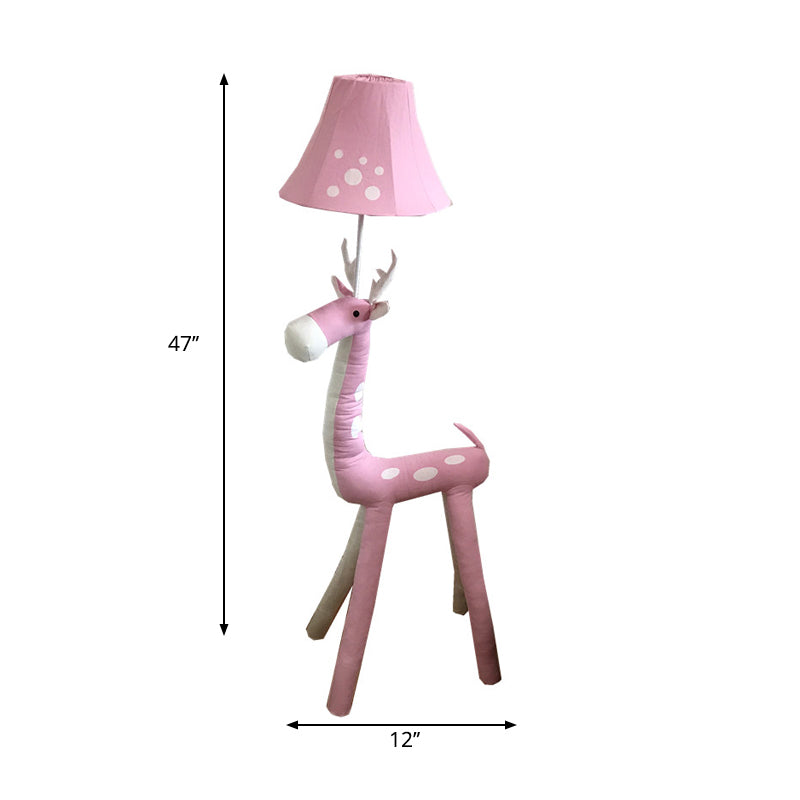 1 Bulb Sika Deer Floor Lamp with Tapered Shade Animal Fabric Floor Light in Pink for Girls Bedroom