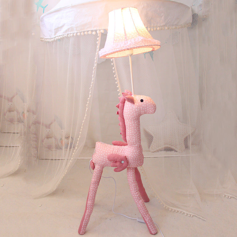 Cartoon House Floor Lamp with Bell Shade 1 Light Fabric Floor Light in Pink for Kids Bedroom