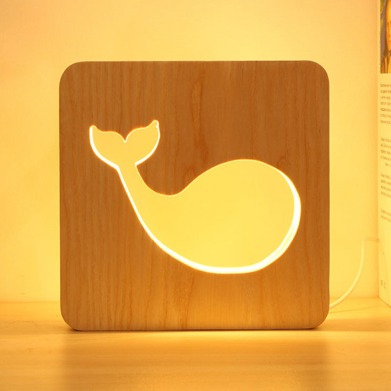 Beige Square Small Desk Light with Dolphin Modern Style Wood Table Light for Kid Bedroom