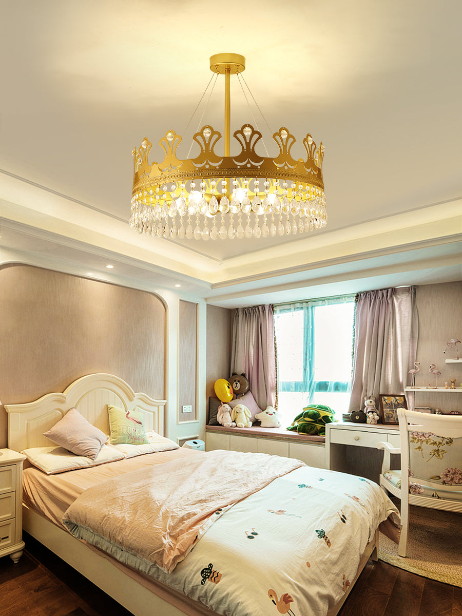 Crown Chandelier Lamp Simplicity Metal 3/4/6 Lights Bedroom Pendant Lighting in Brass with Crystal Drop, 12"/18"/23.5" W