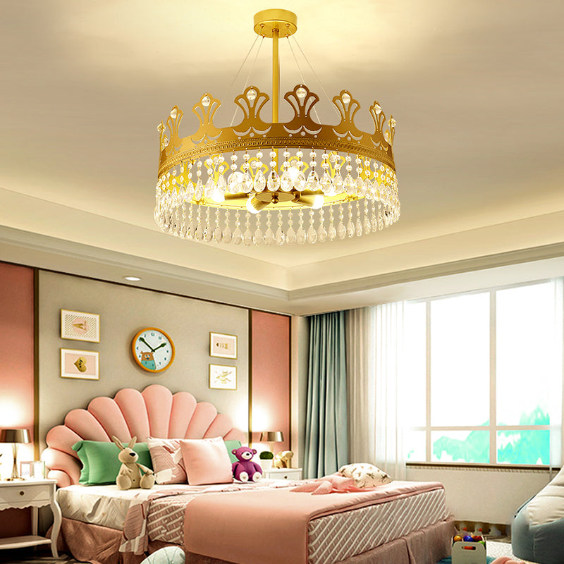 Crown Chandelier Lamp Simplicity Metal 3/4/6 Lights Bedroom Pendant Lighting in Brass with Crystal Drop, 12"/18"/23.5" W