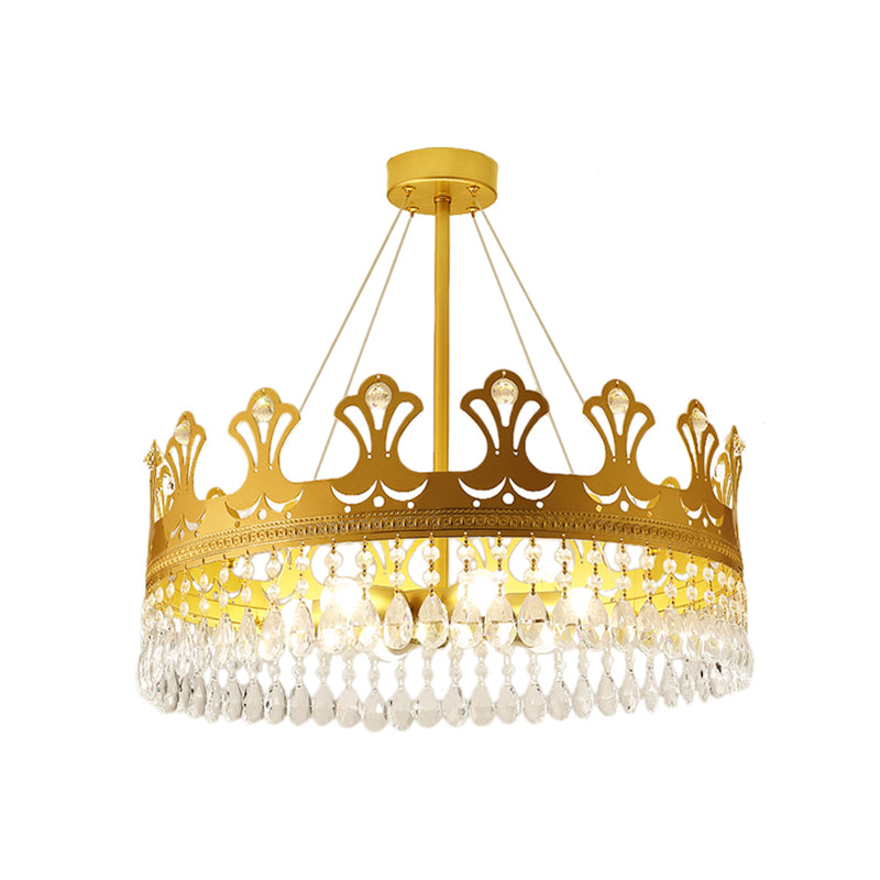 Crown Chandelier Lamp Simplicity Metal 3/4/6 Lights Bedroom Pendant Lighting in Brass with Crystal Drop, 12"/18"/23.5" W