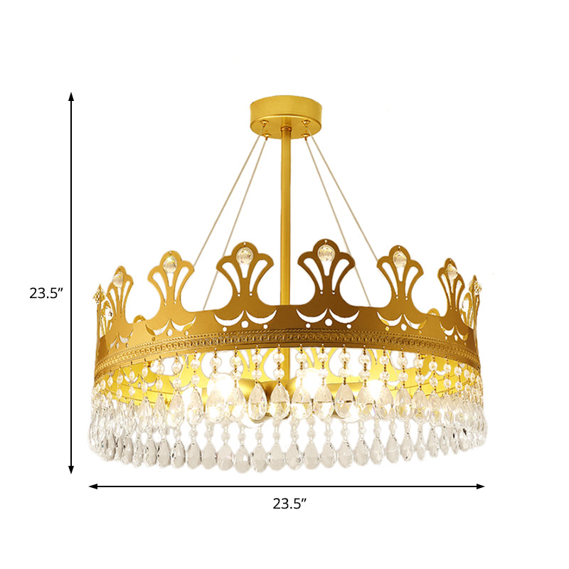 Crown Chandelier Lamp Simplicity Metal 3/4/6 Lights Bedroom Pendant Lighting in Brass with Crystal Drop, 12"/18"/23.5" W