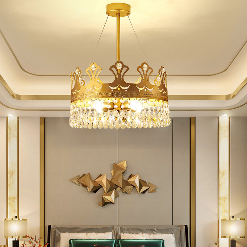 Crown Chandelier Lamp Simplicity Metal 3/4/6 Lights Bedroom Pendant Lighting in Brass with Crystal Drop, 12"/18"/23.5" W