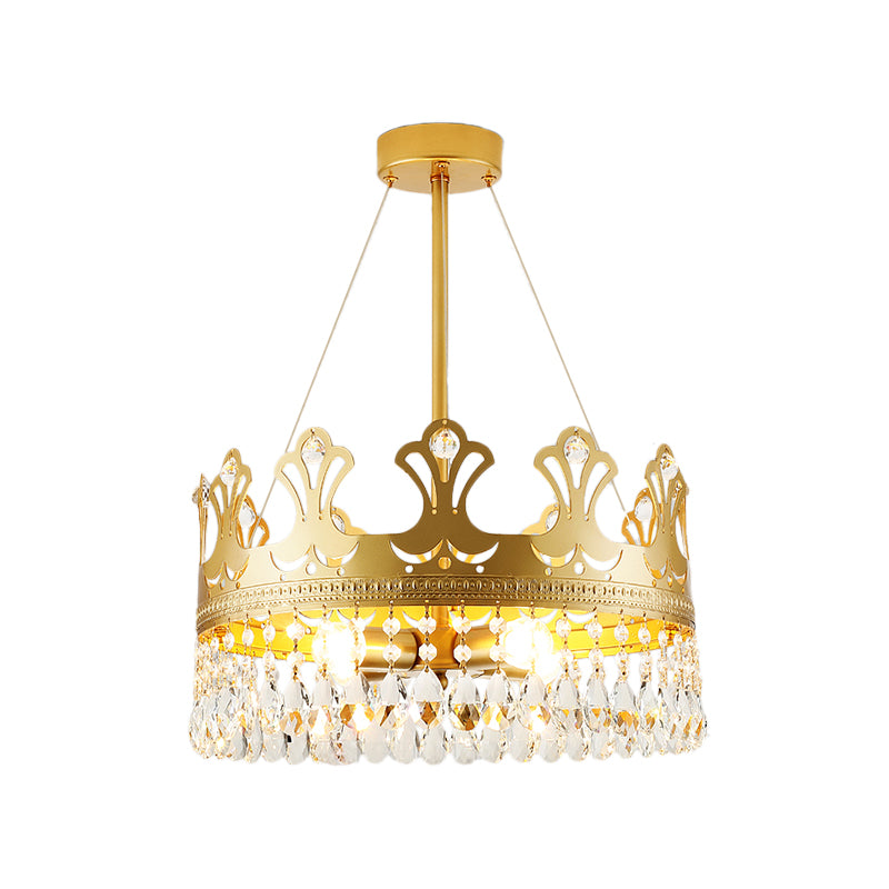 Crown Chandelier Lamp Simplicity Metal 3/4/6 Lights Bedroom Pendant Lighting in Brass with Crystal Drop, 12"/18"/23.5" W