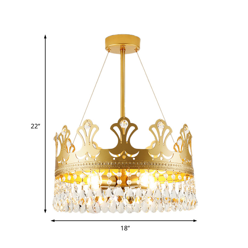 Crown Chandelier Lamp Simplicity Metal 3/4/6 Lights Bedroom Pendant Lighting in Brass with Crystal Drop, 12"/18"/23.5" W