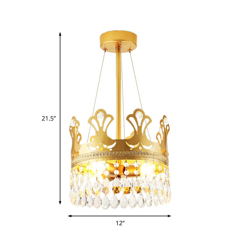 Crown Chandelier Lamp Simplicity Metal 3/4/6 Lights Bedroom Pendant Lighting in Brass with Crystal Drop, 12"/18"/23.5" W